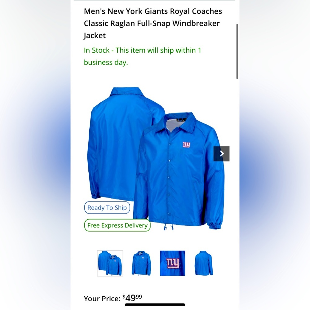 NY GIANTS NEW NFL sideline Windbreaker Nike Large pockets, drawstring, snaps
